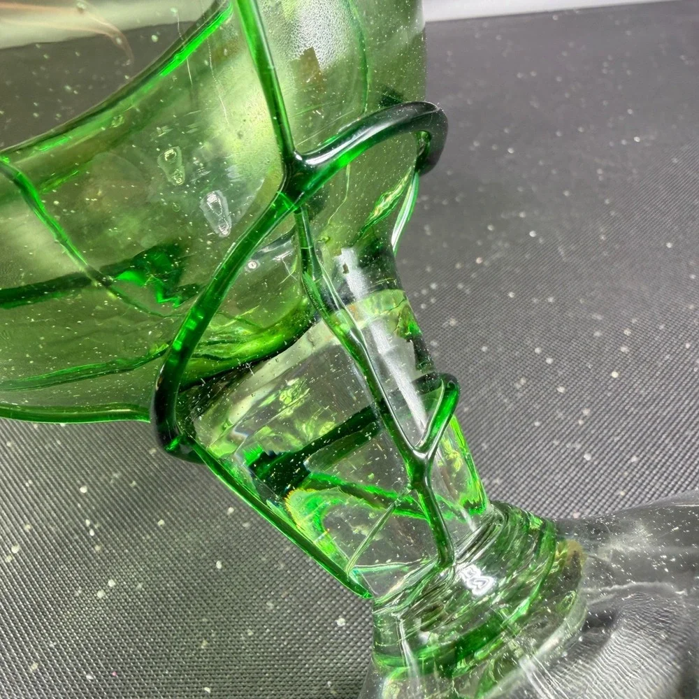 Aromatique Green Swirl Glass Bowl Mouth Blown 6x8 Made in USA Footed Centerpiece